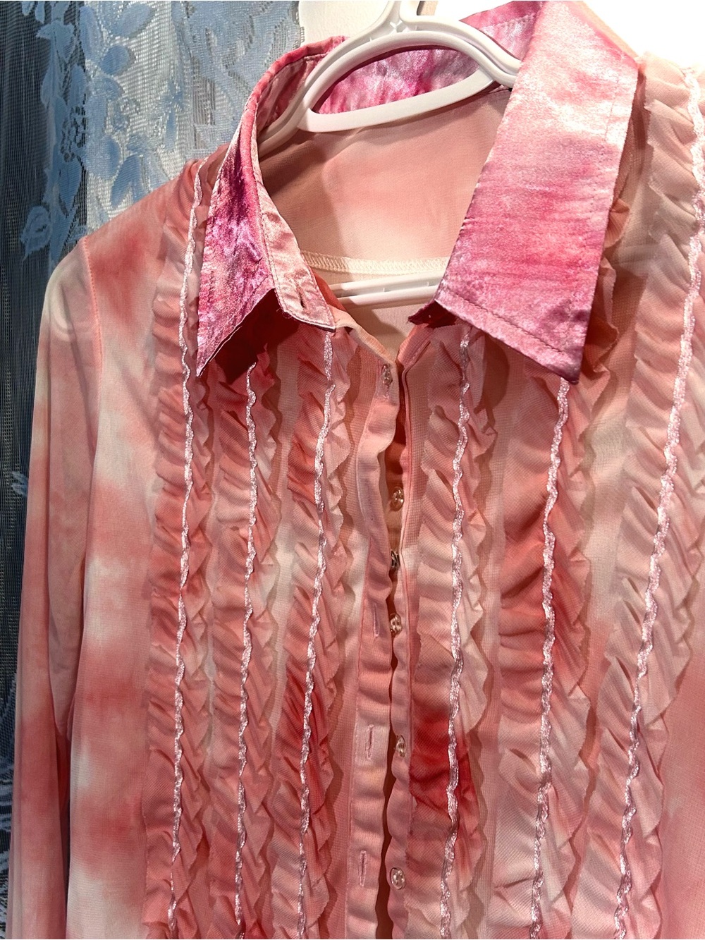 Ruffled Pink Mesh Button-Up with Satin Collar and Cuffs - Picture 4 of 4